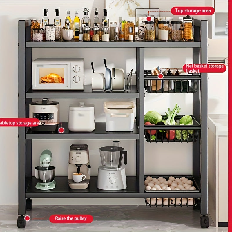 1pc Mobile Storage Rack, Adjustable 4-Tier Kitchen Shelf with 3 Wire Baskets, Kitchen Organizer and Storage, Metal Shelving with Wheels, Suitable for Garage, Pantry, Bathroom, Closet, Warm House Gift New Home