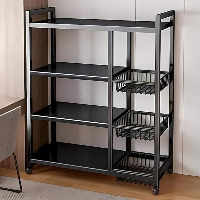 1pc Mobile Storage Rack, Adjustable 4-Tier Kitchen Shelf with 3 Wire Baskets, Kitchen Organizer and Storage, Metal Shelving with Wheels, Suitable for Garage, Pantry, Bathroom, Closet, Warm House Gift New Home